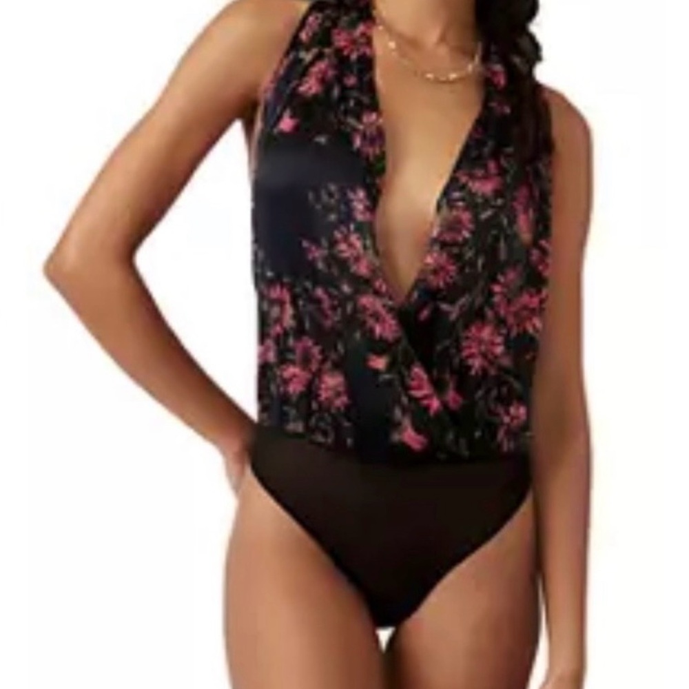 Free People Black and Pink Floral Bodysuit